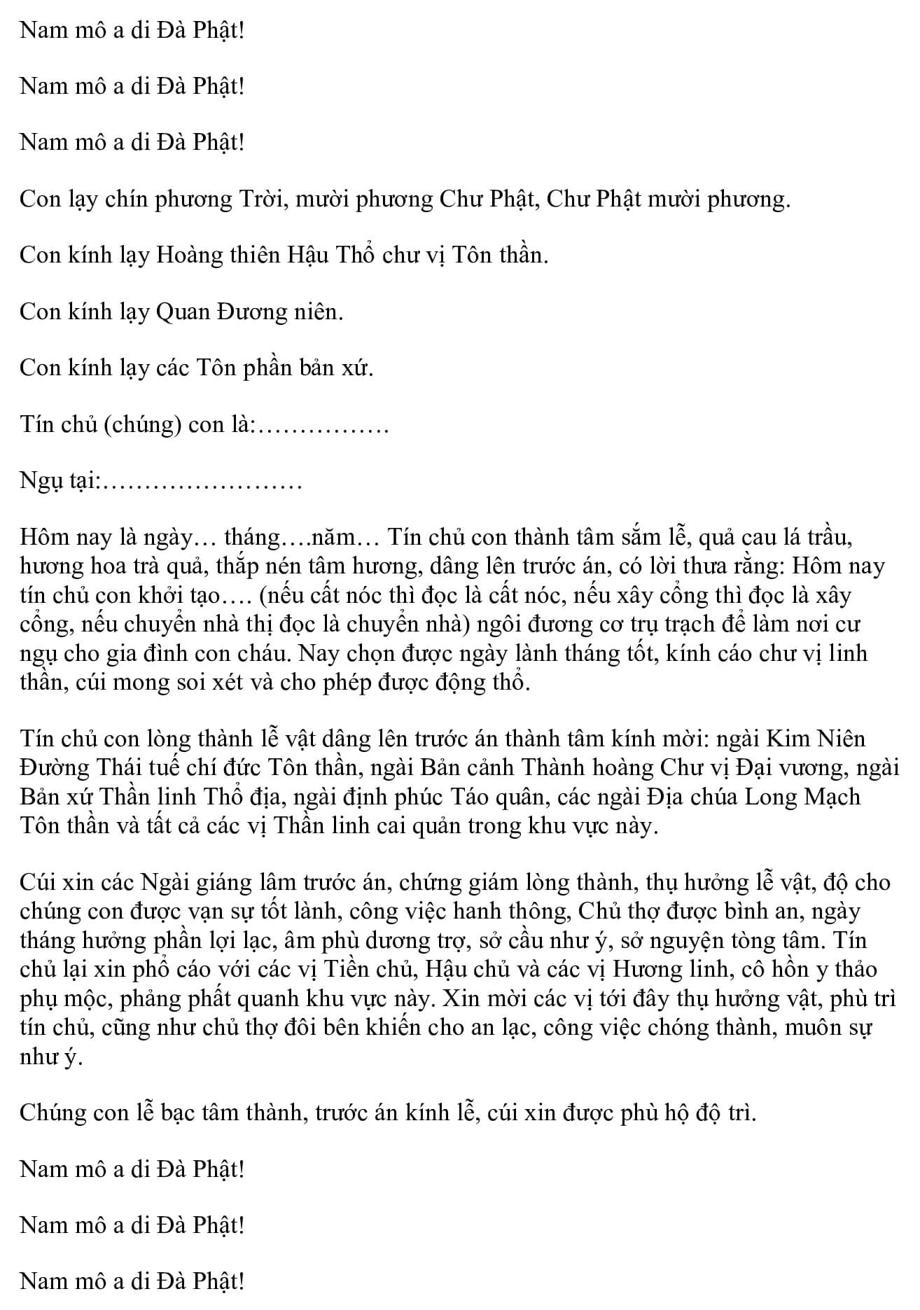 văn khấn động thổ bài cúng đông thổ làm nhà