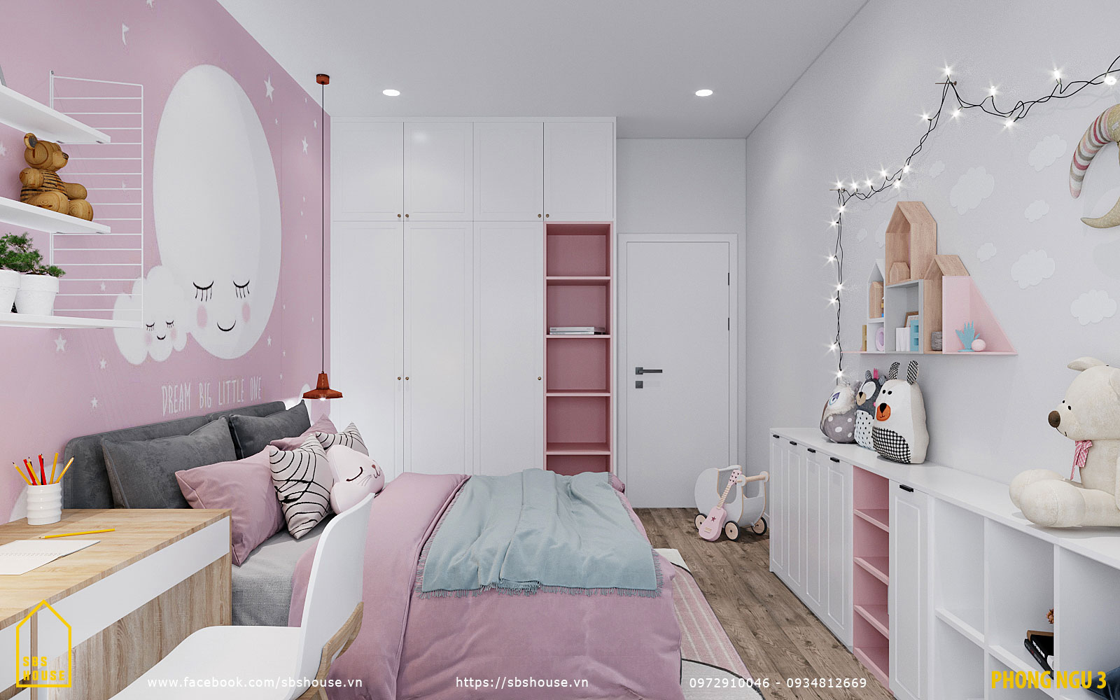 Phòng ngủ màu hồng cho bé gái đẹp