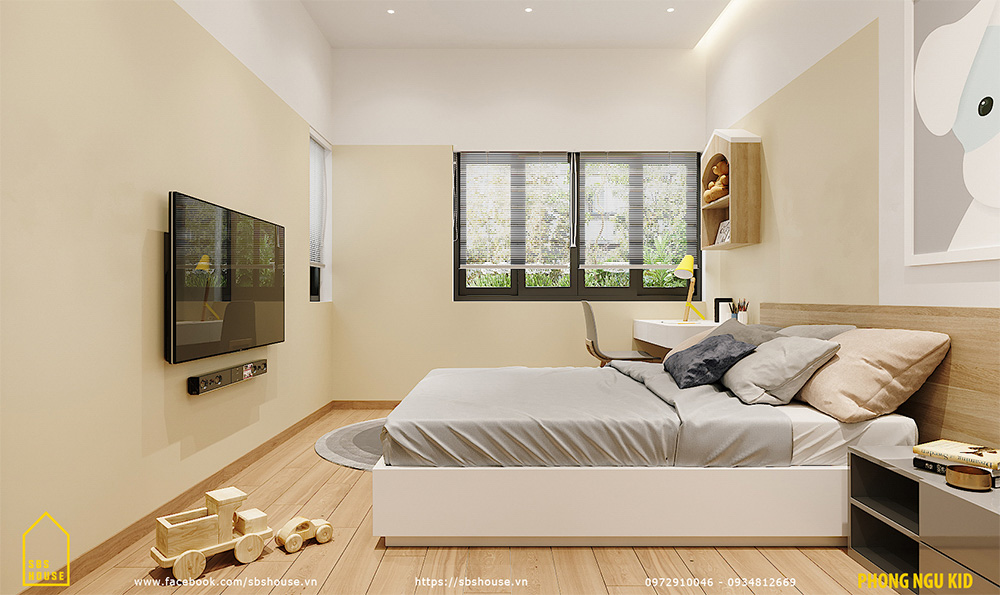 Phòng ngủ màu trắng vàng ấm áp, dễ chịu