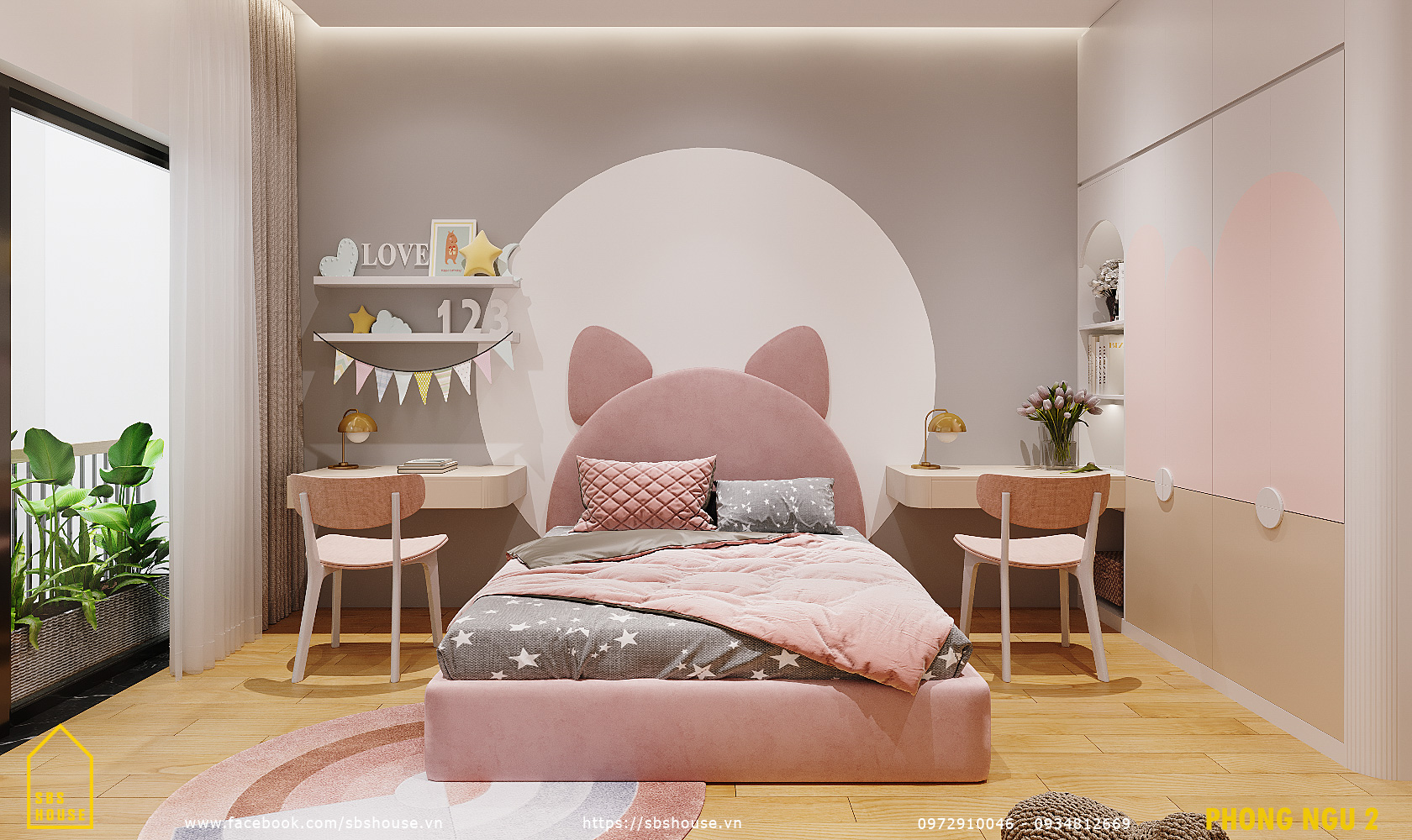 phòng ngủ màu hồng pastel 