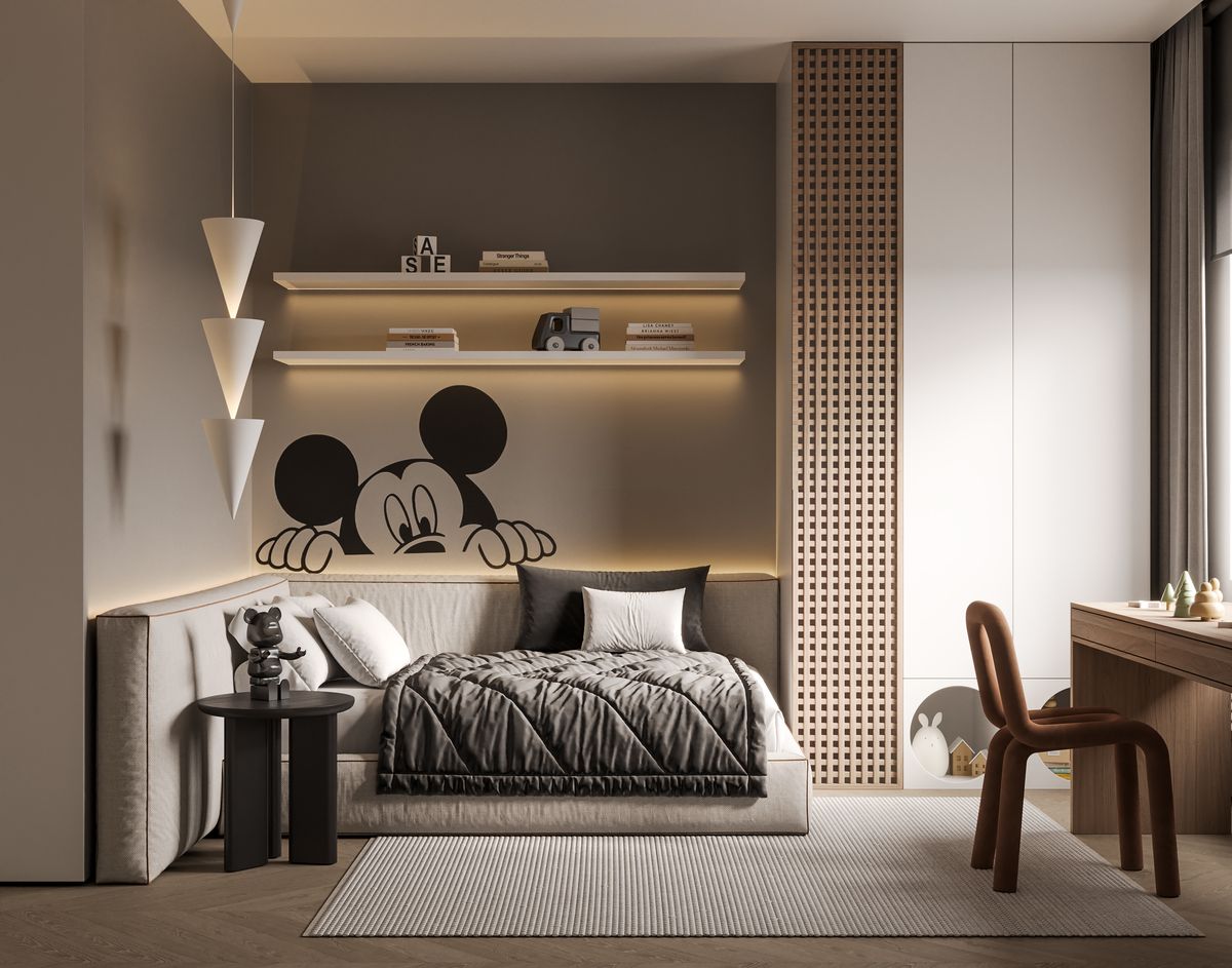 Phòng ngủ con gái 12 tuổi phong cách chuột Mickey