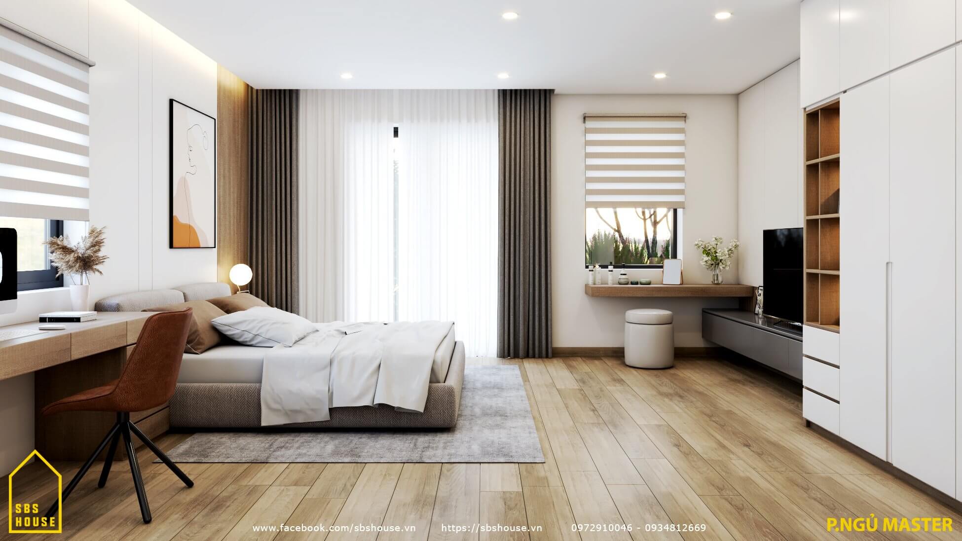 không gian phòng ngủ master của nhà phố lệch tầng 4x20m