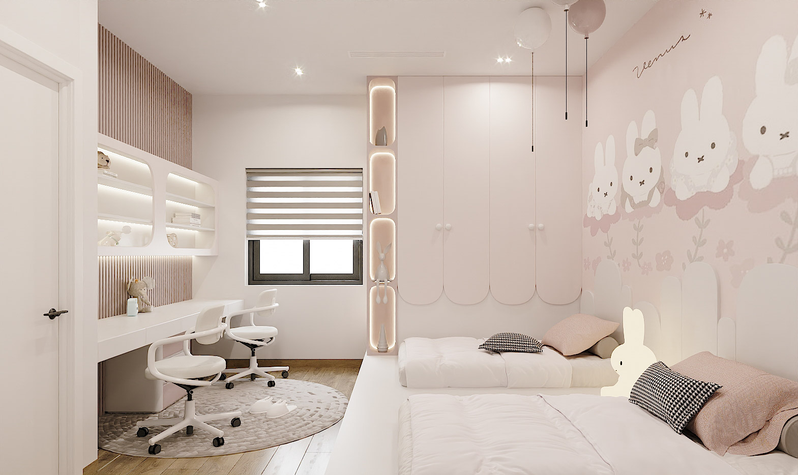 phòng ngủ màu trắng hồng đẹp