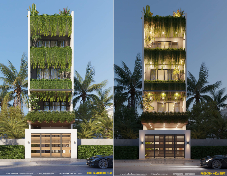 thiết kế nhà mặt tiền hướng Tây với giải pháp trồng nhiều cây xanh 
