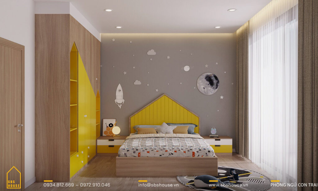Phòng ngủ con trai có tone màu vàng chủ đạo