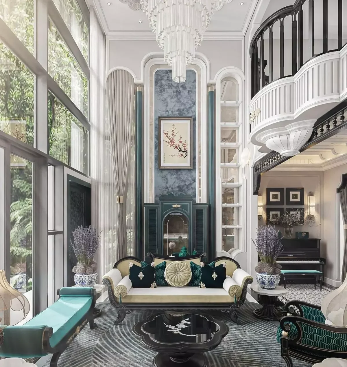 Mẫu phòng khách thông tầng phong cách Đông dương