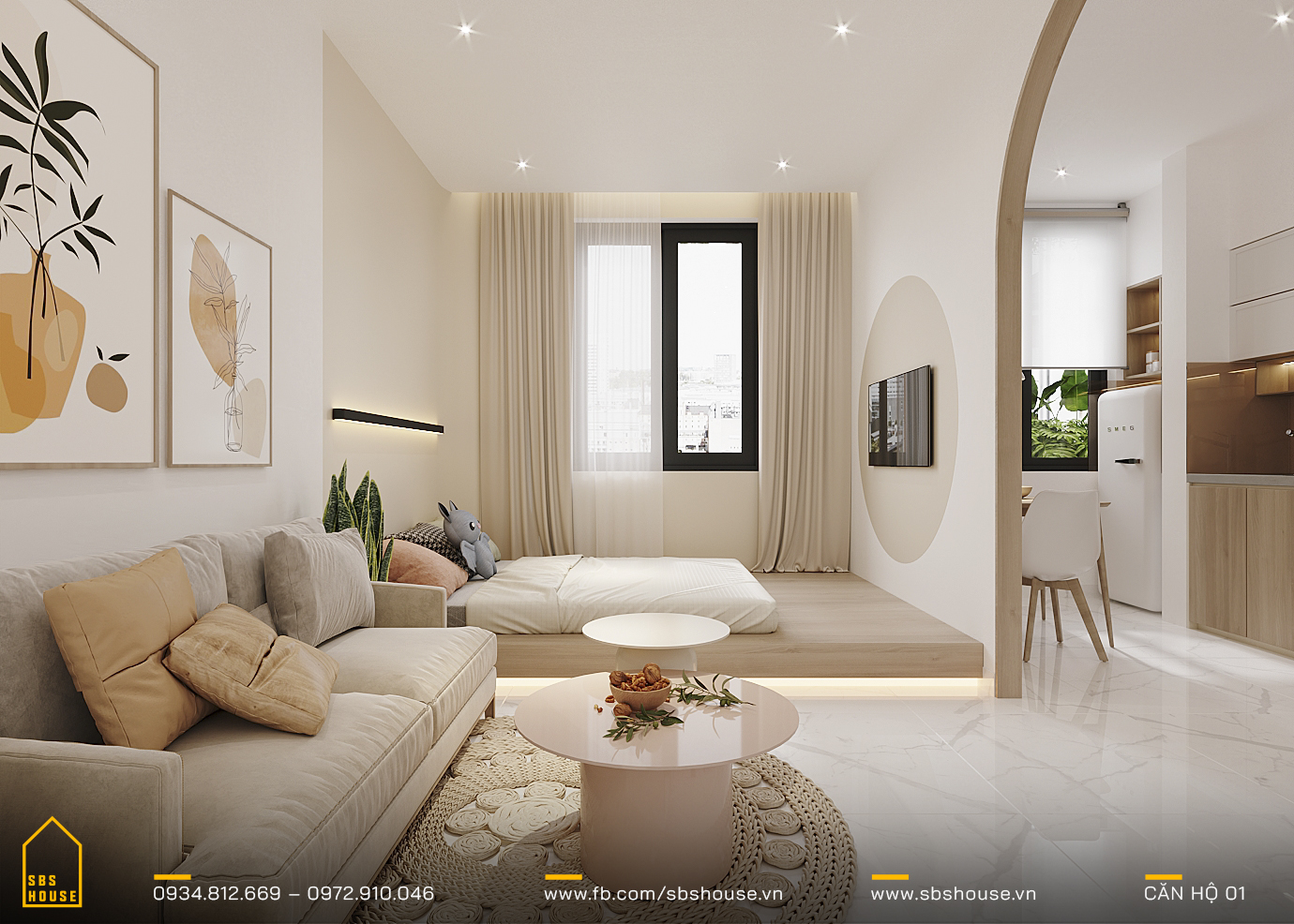 Nội thất căn hộ chung cư đẹp hiện đại (1pn+1)- H Design