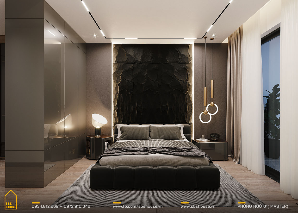 Phòng ngủ Master sang trọng trong gam màu tối và sắc trầm mang lại không gian huyền bí