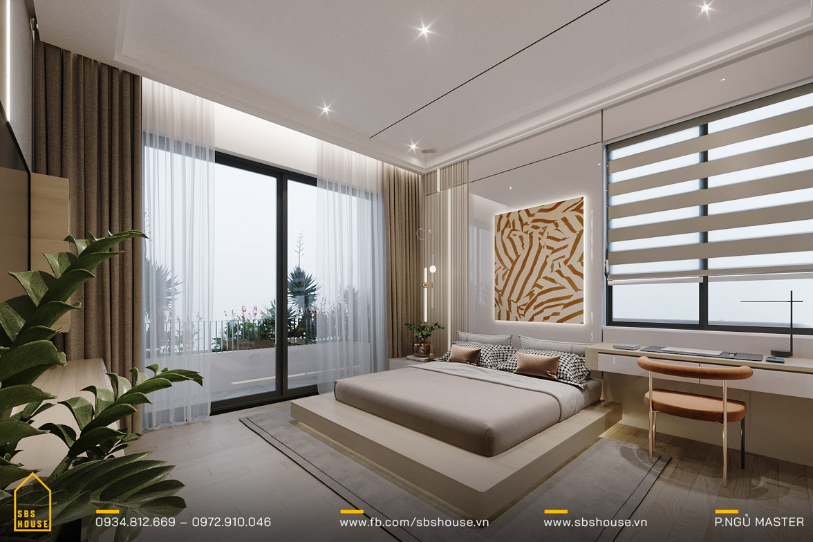 Phòng ngủ master thiết kế hướng về phía thiên nhiên tạo nên bầu không khí thoáng đãng cho ngôi nhà.