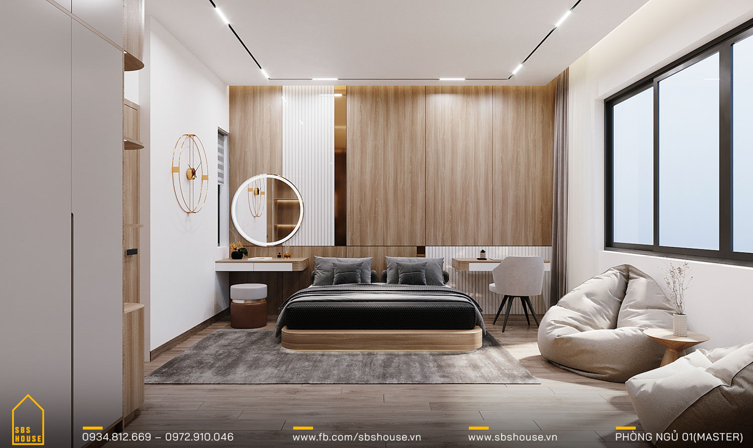 Không gian phòng ngủ đây thư giãn trong sự phối hợp linh hoạt giữa chất liệu gỗ và vật liệu nội thất hiện đại