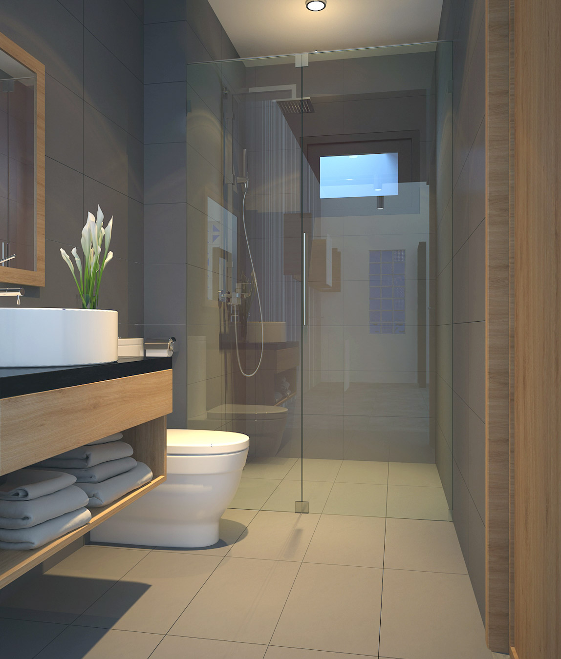 Phòng tắm trong căn hộ được thiết kế hiện đại và tiện ích, mang lại sự thoải mái và tiện nghi. Với các trang thiết bị hiện đại và không gian sạch sẽ, phòng tắm trở thành một nơi để rũ bỏ những phiền muộn và thư giãn.