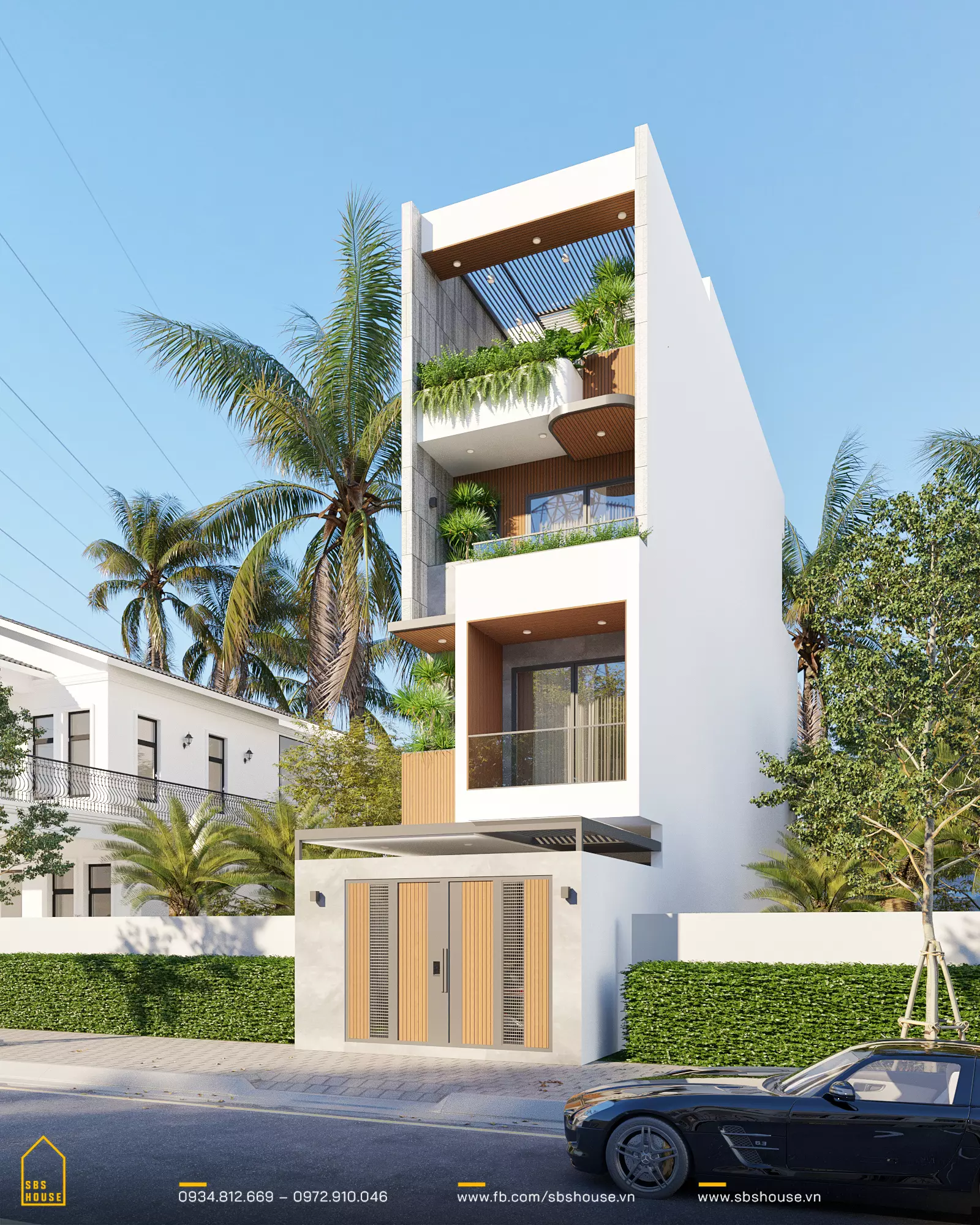 nhà ống 4 tầng có gara để xe ô tô