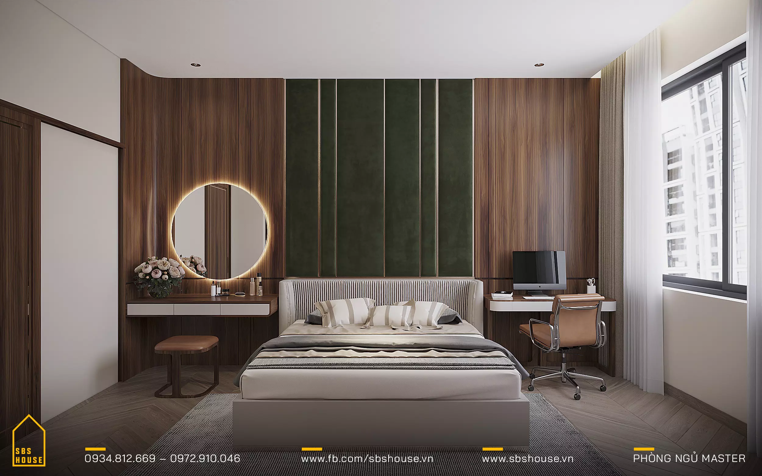 Phòng ngủ master được thiết kế với màu sắc trung tính và ánh sáng tự nhiên tối ưu. 