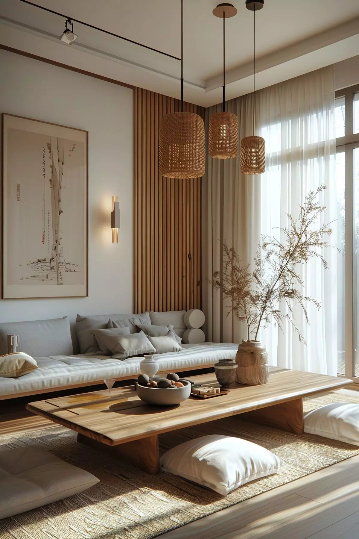 Mẫu thiết kế phòng khách chung cư phong cách Nhật Bản