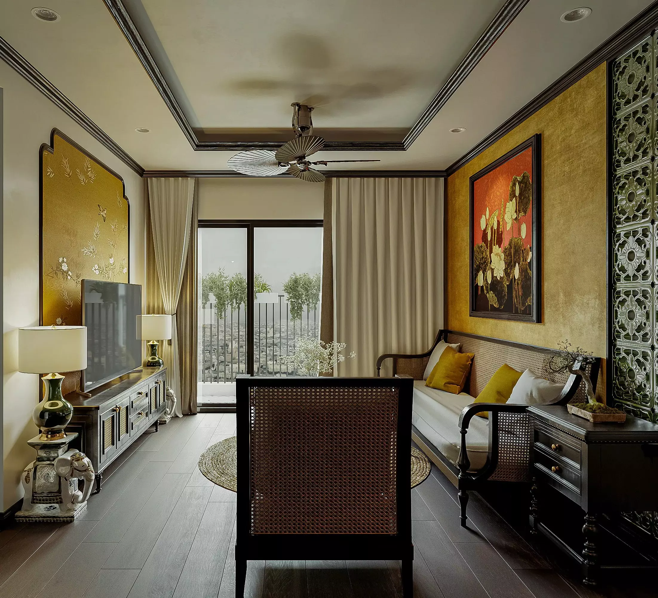 Mẫu thiết kế phòng khách chung cư phong cách Đông Dương