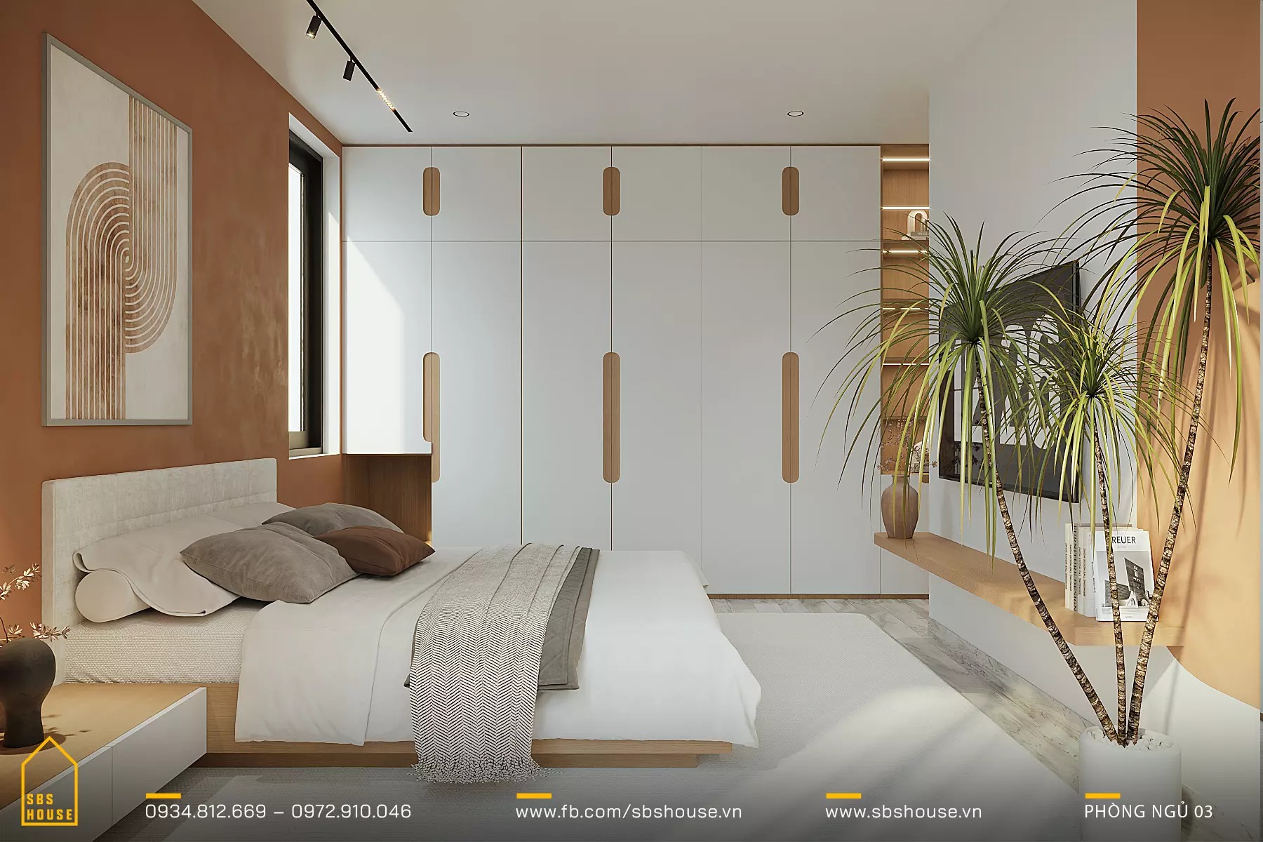 phòng ngủ nổi bật với gam màu cam đất 