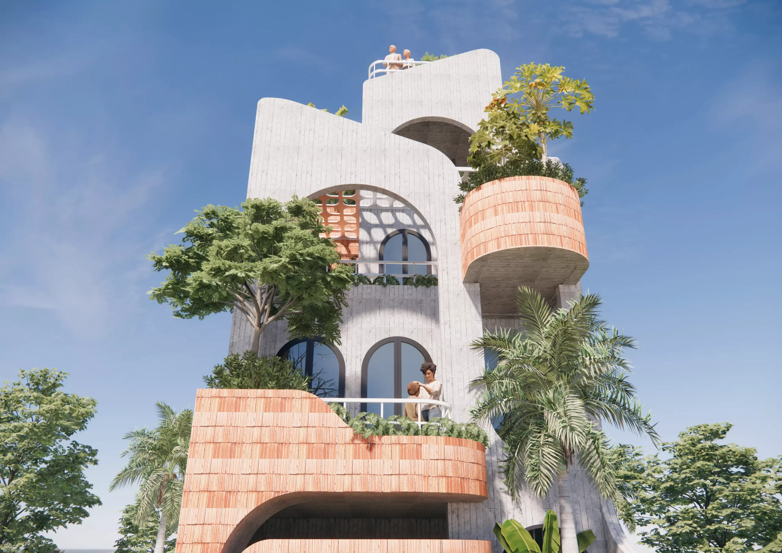 Bê tông thể hiện sự mạnh mẽ, hiện đại, trong khi màu gạch thẻ đem đến một cảm giác thân thuộc, gần gũi. 
