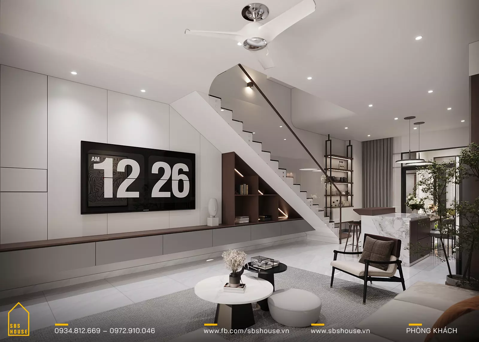 Thiết kế phòng khách liền bếp 20m2 hiện đại 