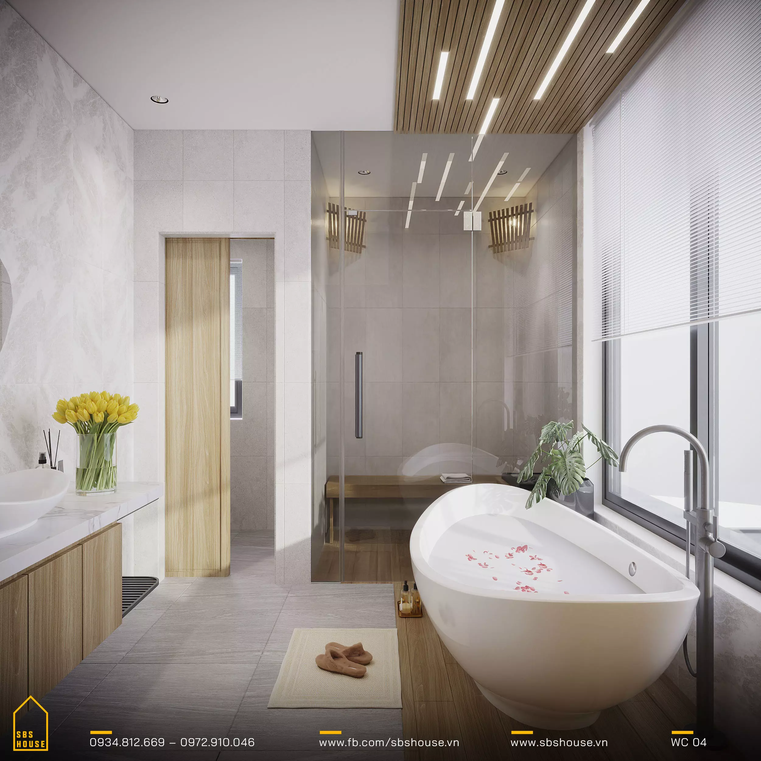 Không gian phòng tắm được thiết kế như một spa, gia chủ có thể thư giãn trong bồn tắm của mình. Không gian sống thanh lịch và tối giản, nơi sự yên bình được tôn lên bởi ánh sáng tự nhiên tràn ngập