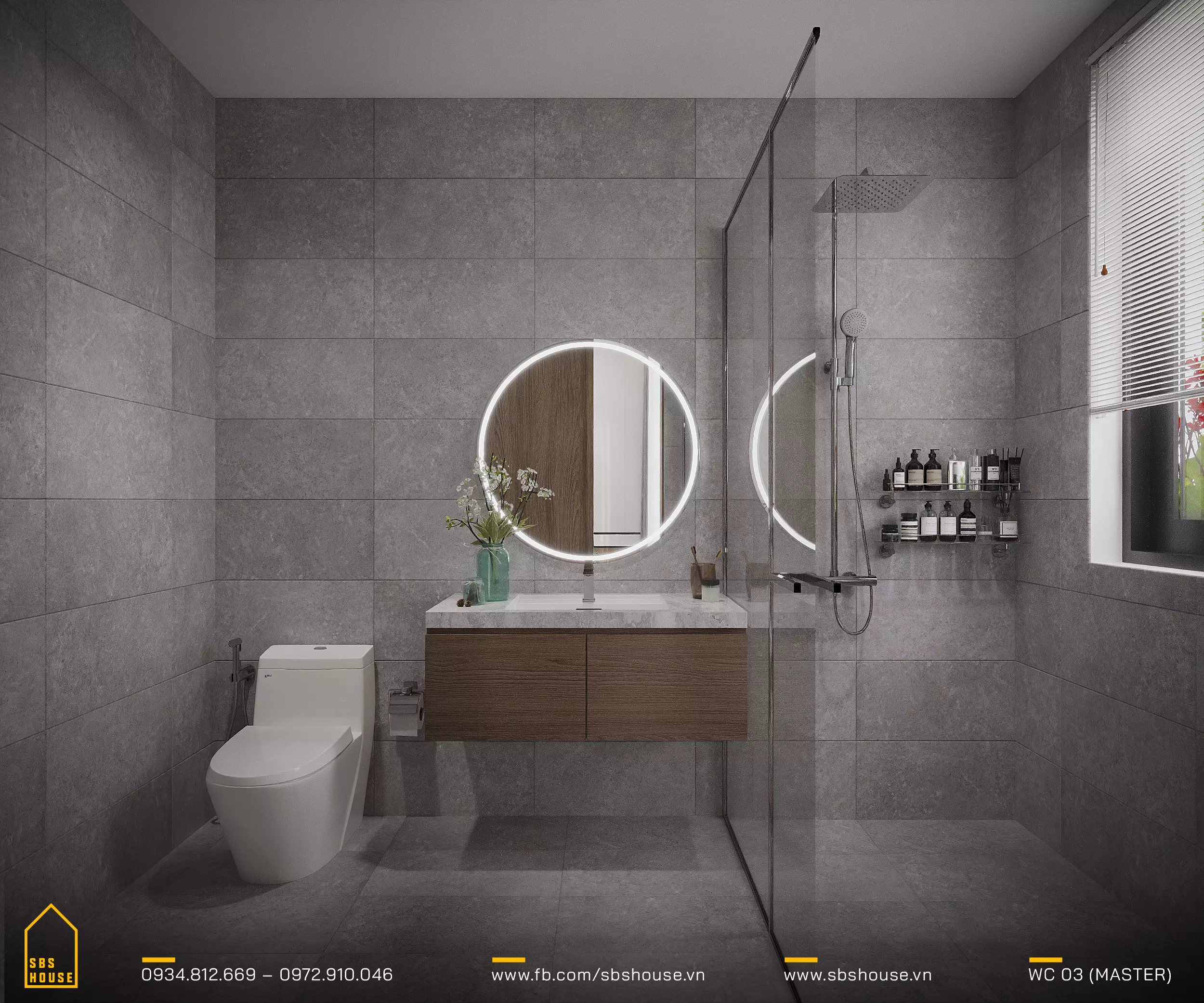 Phòng tắm mang lại cảm giác của một spa ngay trong nhà với thiết kế đơn giản và sang trọng. Gạch lát màu xám tạo nên một không gian thư giãn, còn gương tròn với đèn LED tích hợp không chỉ cung cấp ánh sáng tốt nhất cho việc chăm sóc cá nhân mà còn là điểm nhấn thẩm mỹ cao.
