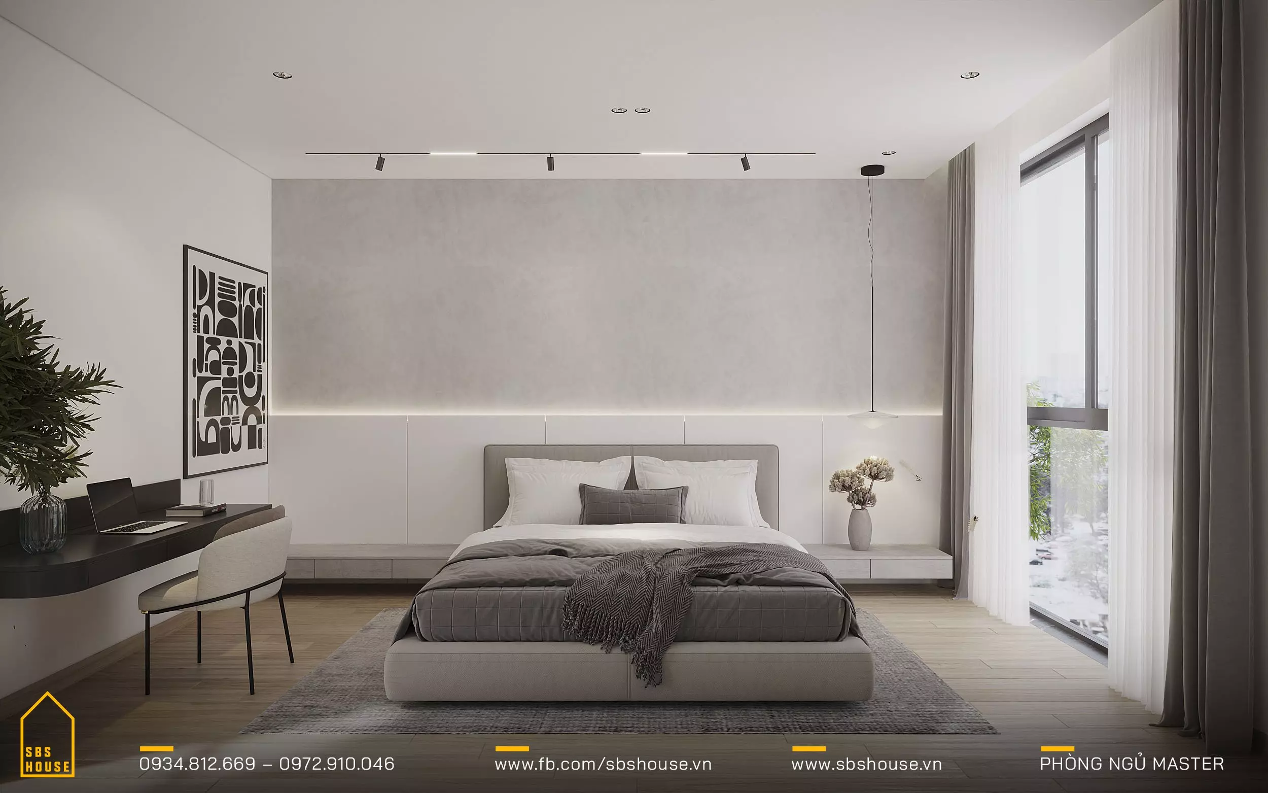Phòng ngủ master được thiết kế với tủ quần áo âm tường và ánh sáng âm dương, tạo nên một không gian riêng tư và thư giãn. 
