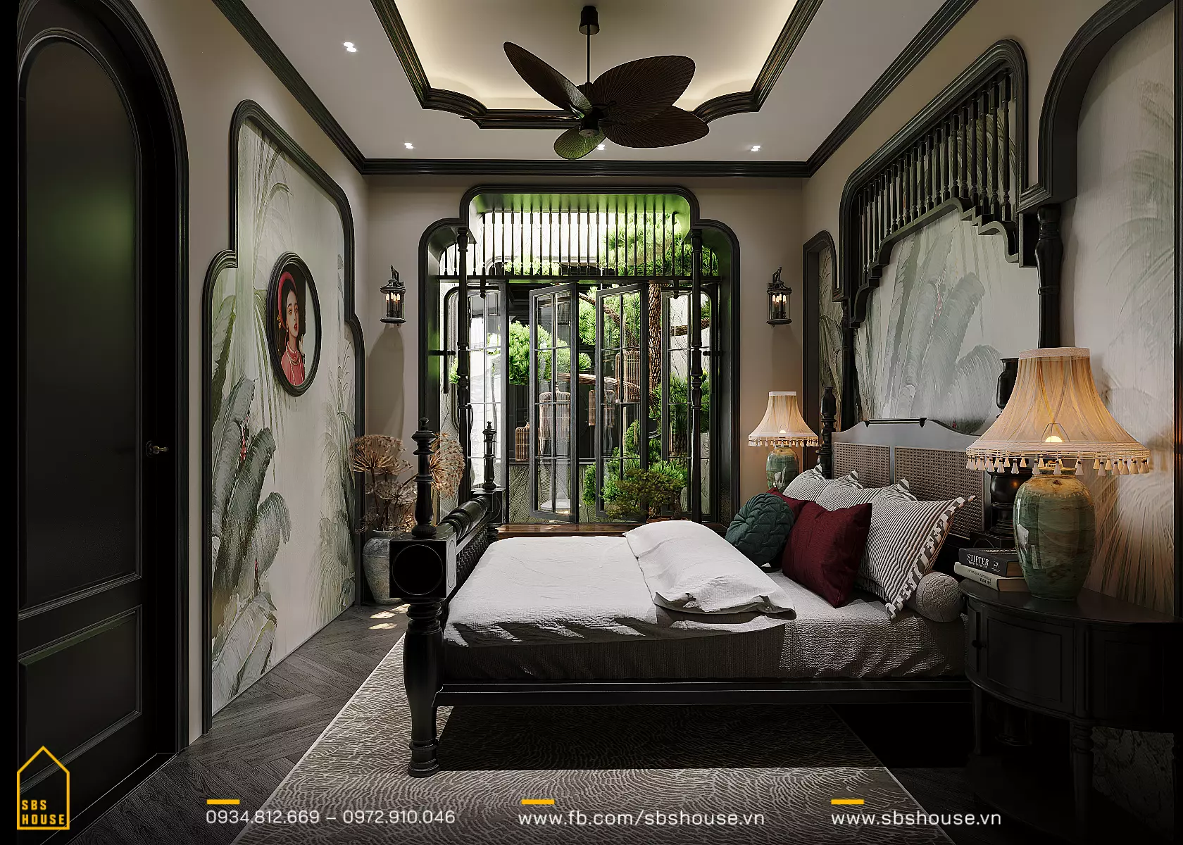 họa tiết hoa văn phòng ngủ phong cách Indochine