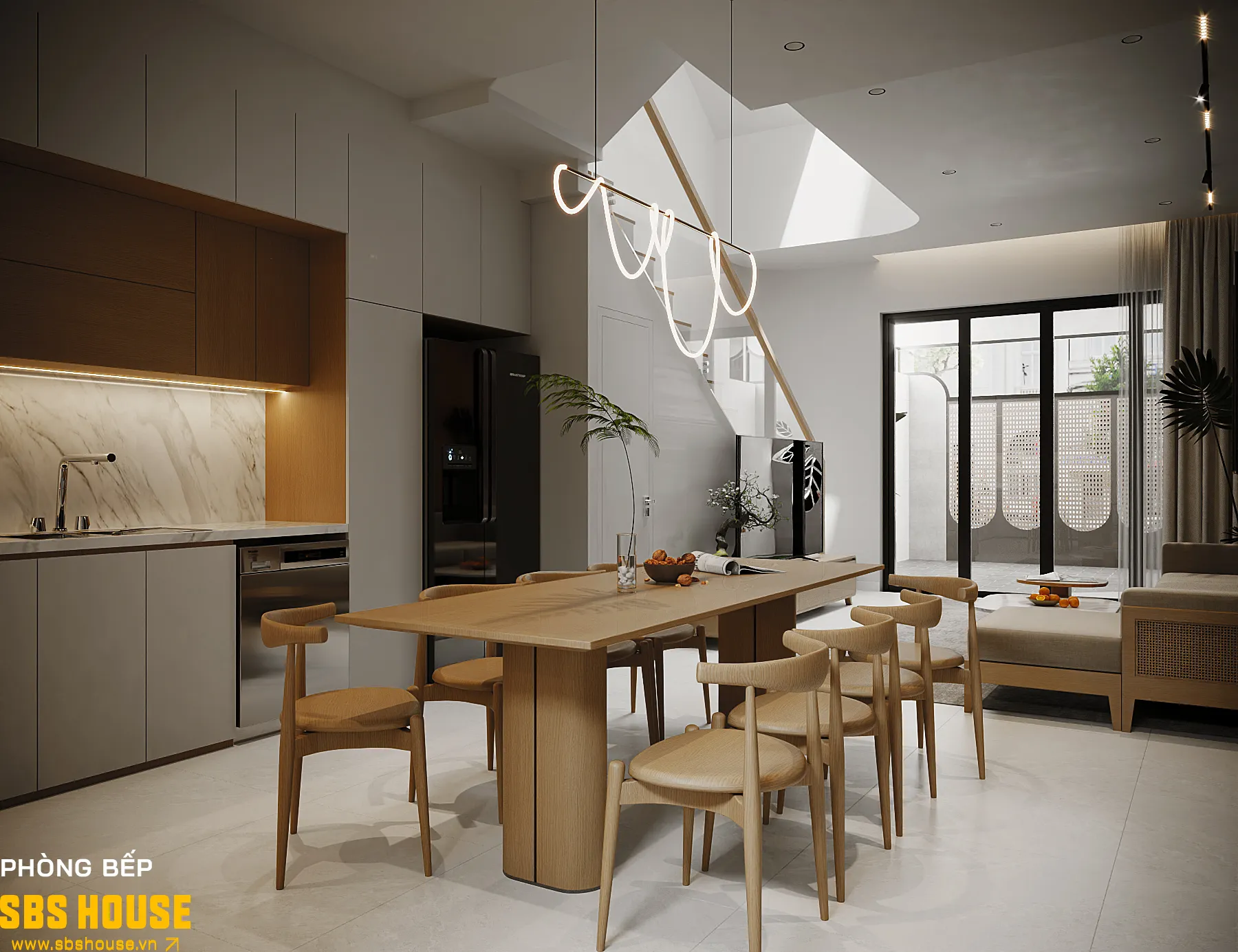 Thiết kế phòng khách liền bếp giúp tối ưu diện tích nhà lệch tầng 5x15