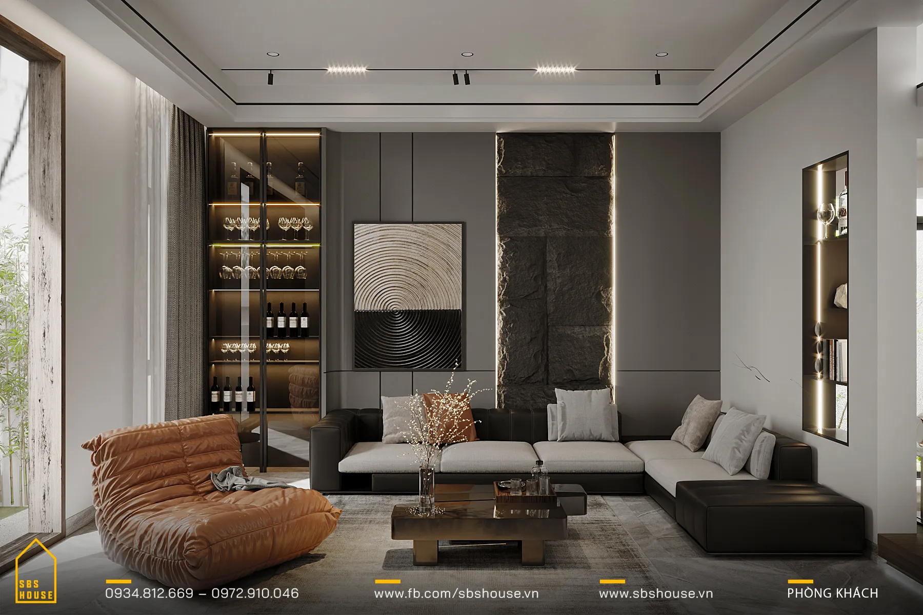 Không gian phòng khách rộng rãi với tone màu trung tính cùng nội thất hiện đại mang đến cảm giác thoải mái và sang trọng. 