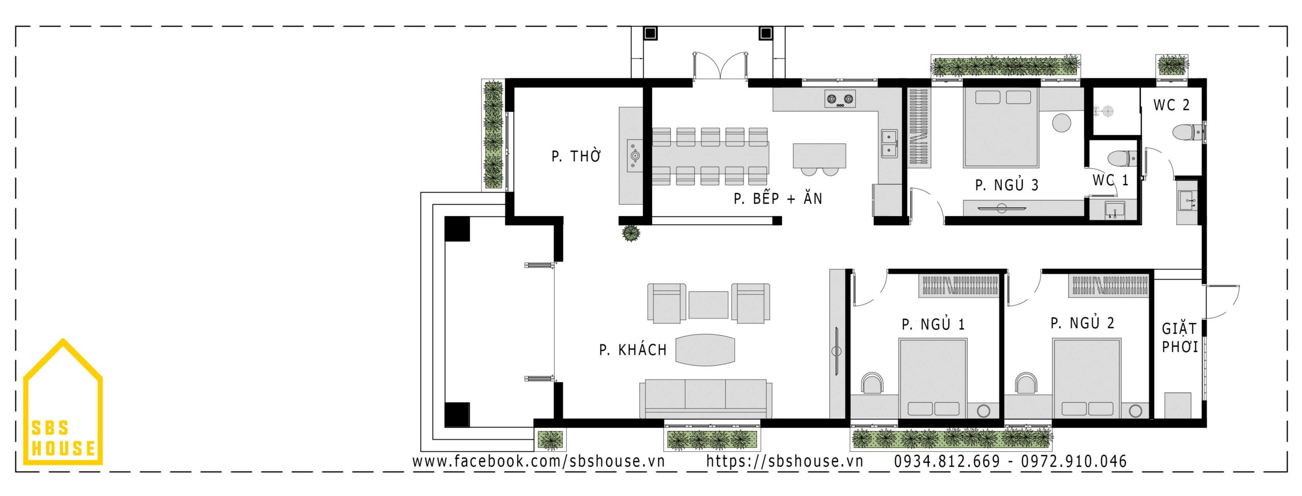 Thiết kế biệt thự vườn 1 tầng mái thái 150m2 4 phòng ngủ ông Thịnh Vĩnh Phúc