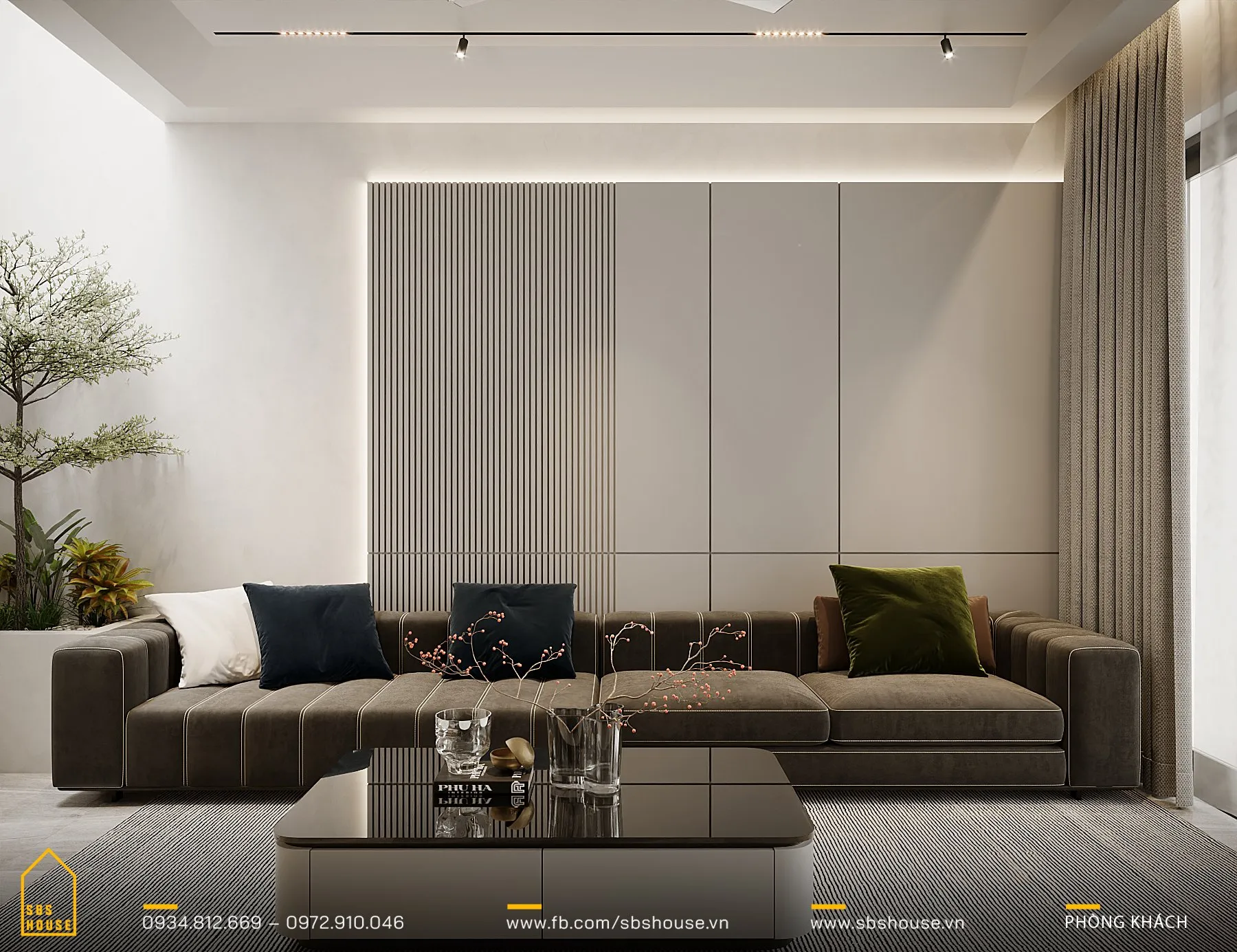 Bộ sofa dài màu nâu xám không chỉ êm ái mà còn phản ánh phong cách sống đương đại. 