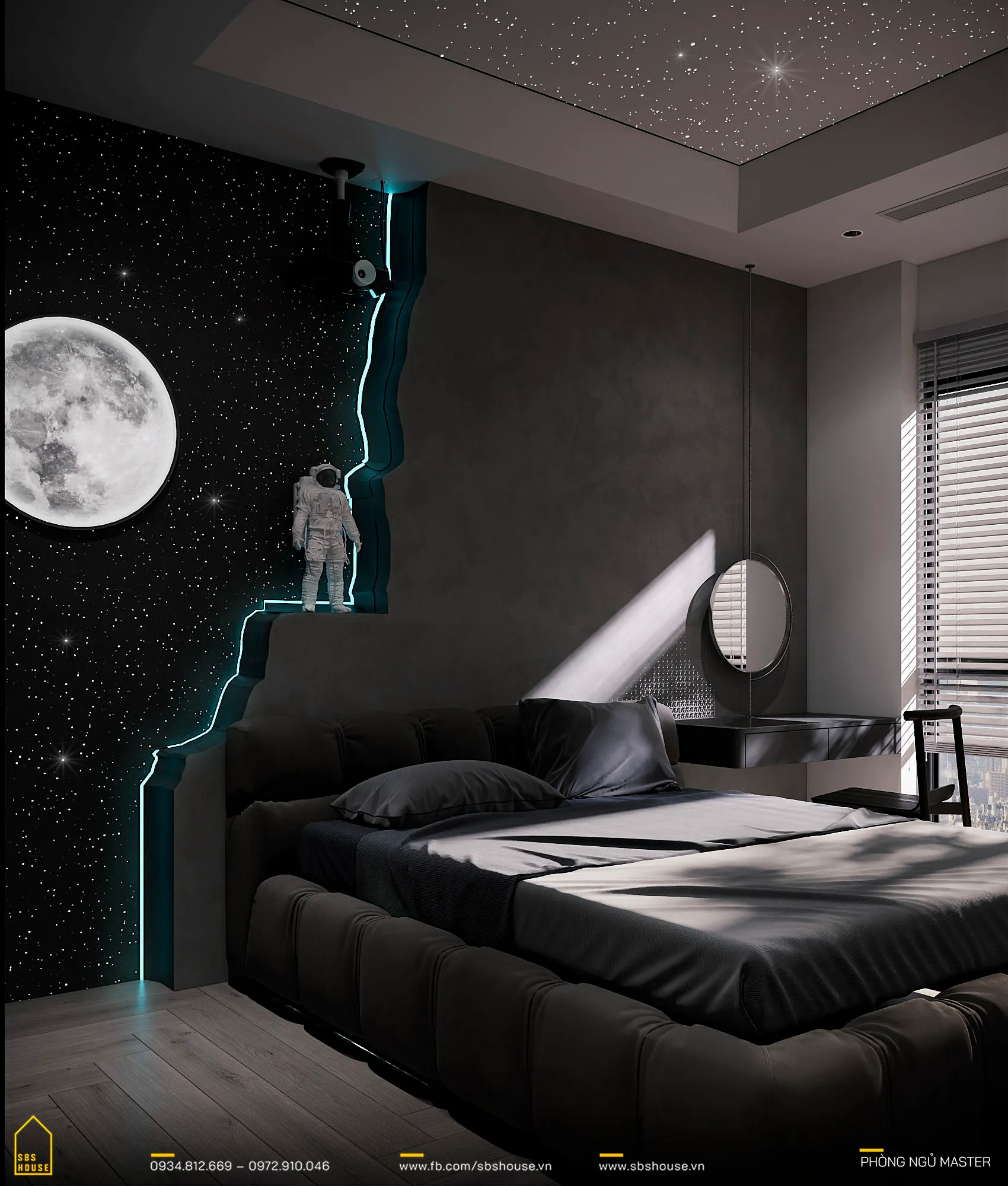 Trong dự án thiết kế nội thất của KTS Phan Hà, việc lấy cảm hứng từ vũ trụ cho phòng ngủ master không chỉ là một sự đổi mới trong thiết kế mà còn thể hiện sự sáng tạo vô hạn từ kiến trúc sư. 