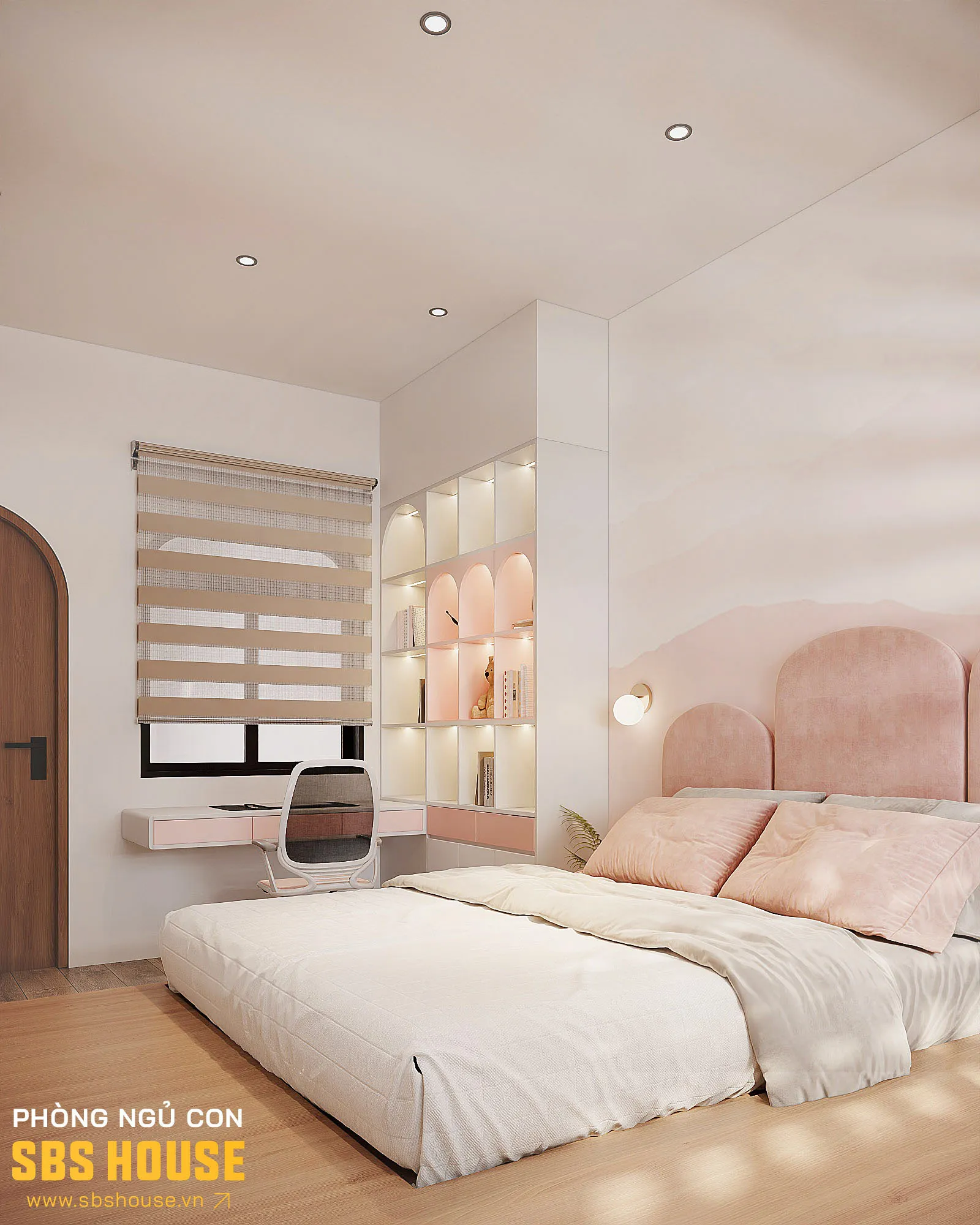 Phòng ngủ với tone màu hồng dịu dàng cho bé gái