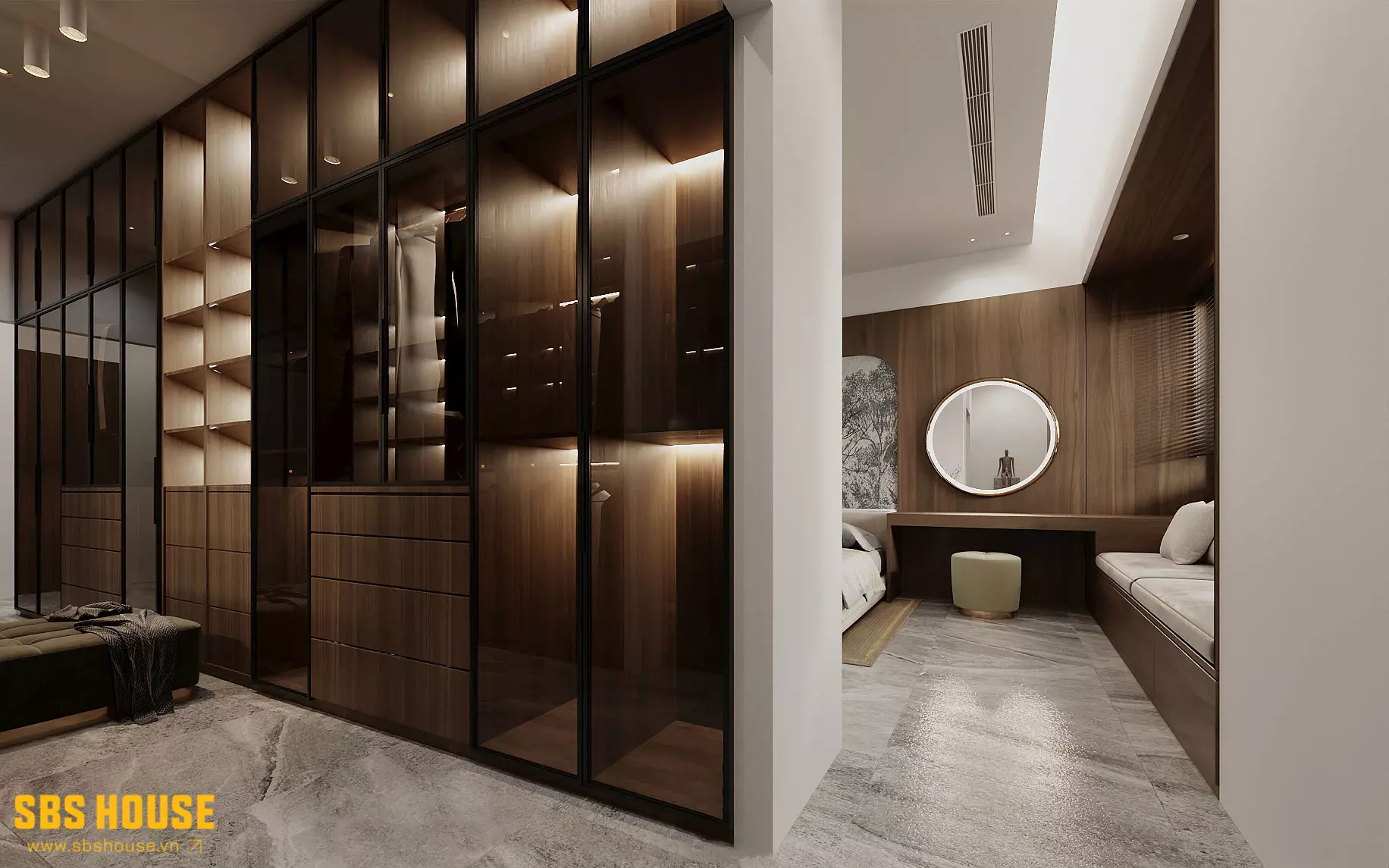 Mẫu thiết kế phòng ngủ đẹp cho nữ có tủ trưng bày