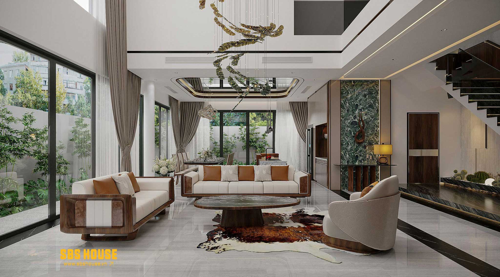 Nội thất gỗ óc chó tự nhiên kết hợp thông tầng tạo nên sự sang trọng, đẳng cấp của gia chủ 