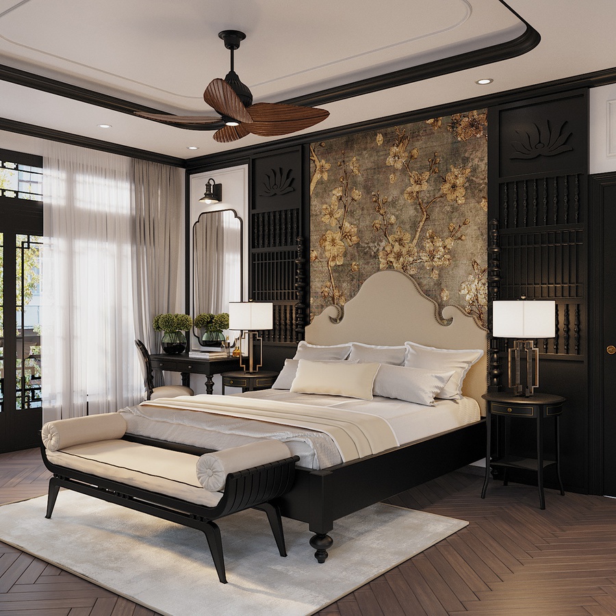 phòng ngủ phong cách thiết kế Đông Dương nhà biệt thự