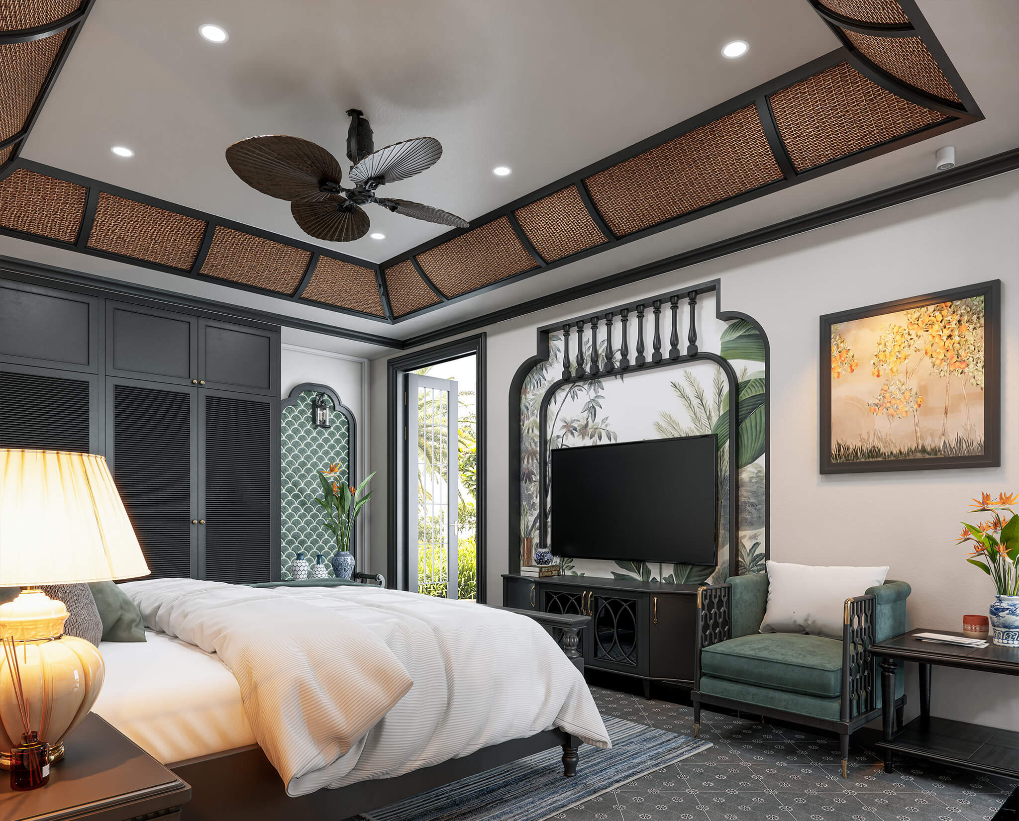 mẫu thiết kế phòng ngủ phong cách đông dương đẹp, mang đậm tính truyền thống