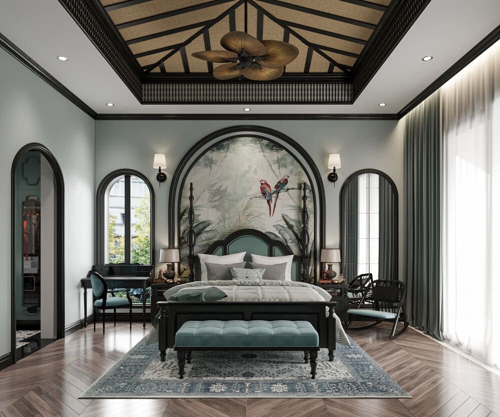 Mẫu phòng ngủ phong cách indochine dành cho người mệnh Mộc