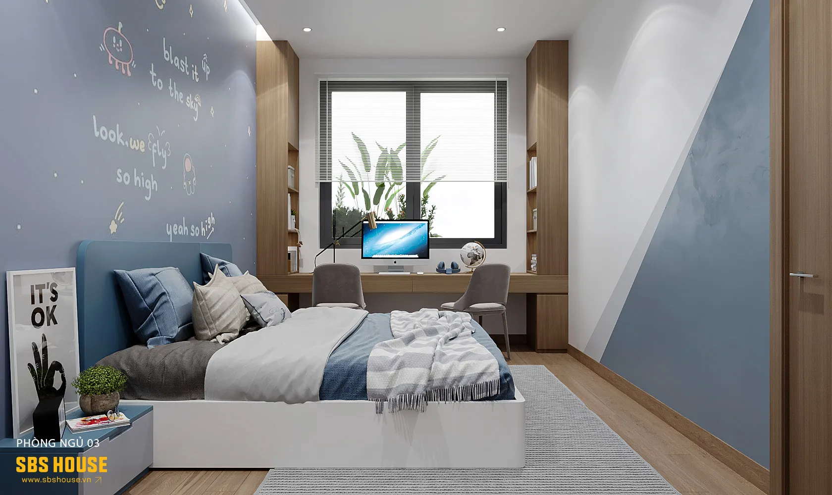 thiết kế phòng ngủ cho bé trai 10 tuổi với màu xanh dương 