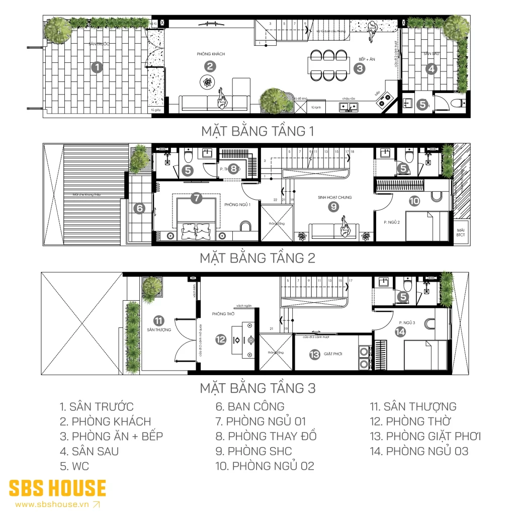 công năng nhà 3 tầng trên diện tíc đất 5x20m