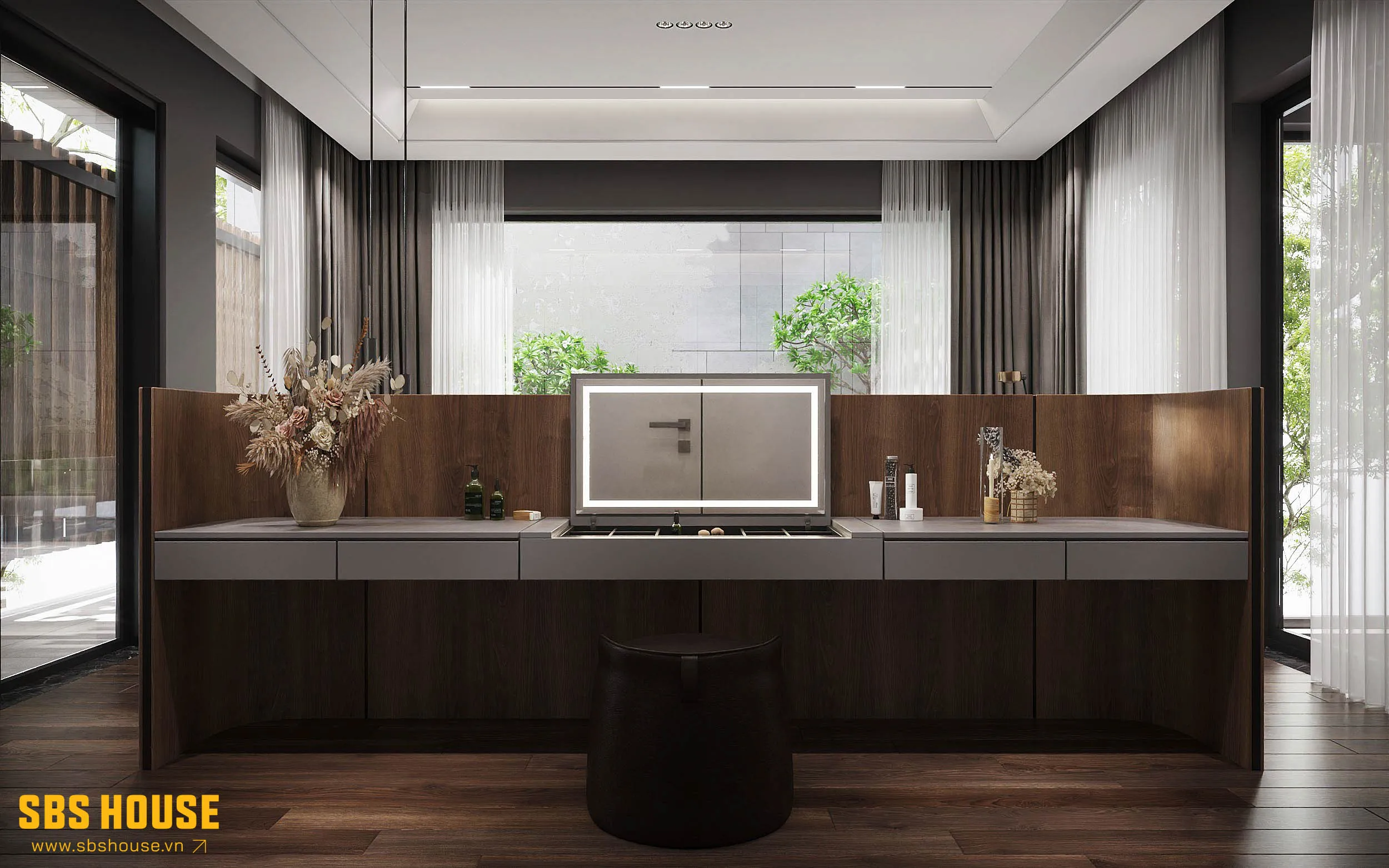 Mẫu thiết kế phòng ngủ đẹp cho nữ có bàn trang điểm lớn