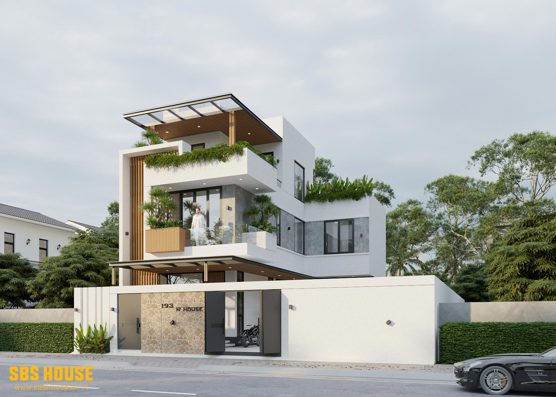 mặt tiền mẫu nhà đẹp 3 tầng hình chữ l 