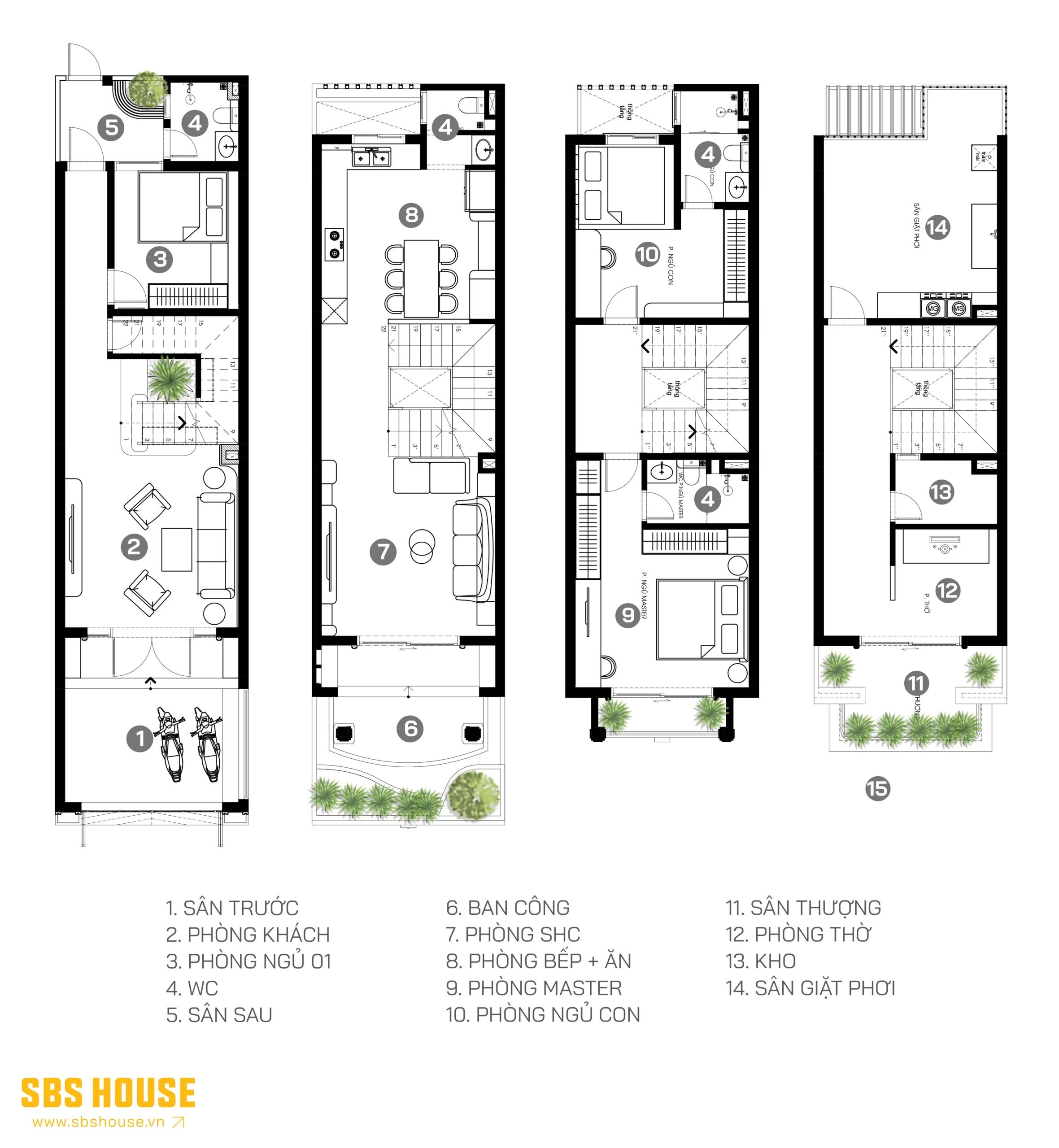 Công năng nhà phố ống 4 tầng