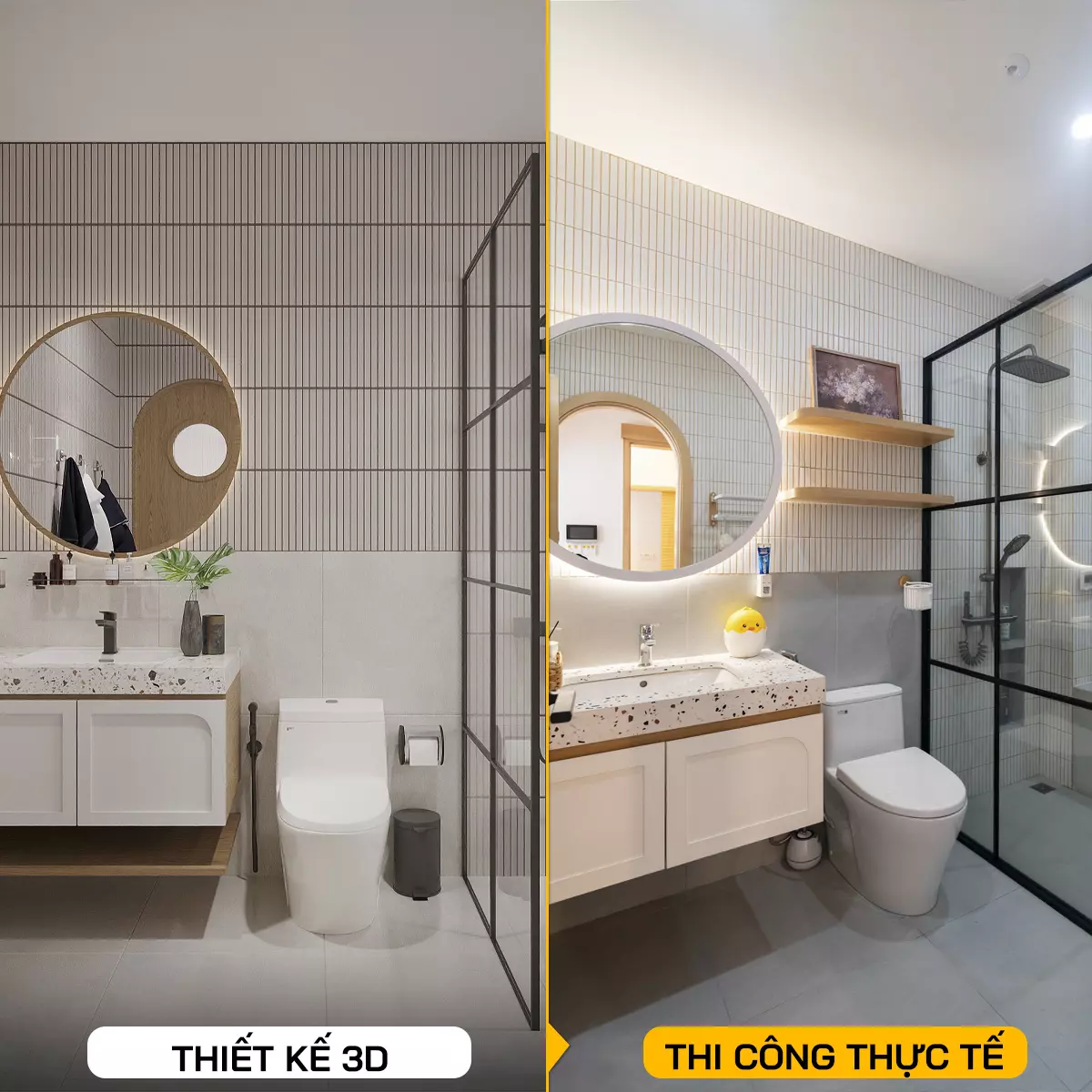 Ảnh so sánh 3D và thực tế nhà 3 tầng Tr’s House