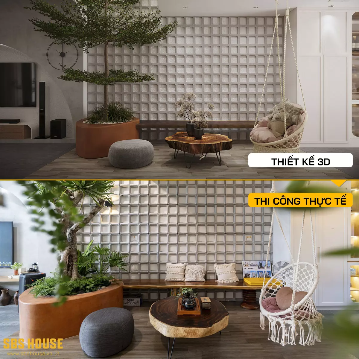 Ảnh so sánh 3D và thực tế phòng khách nhà 3 tầng Tr’s House