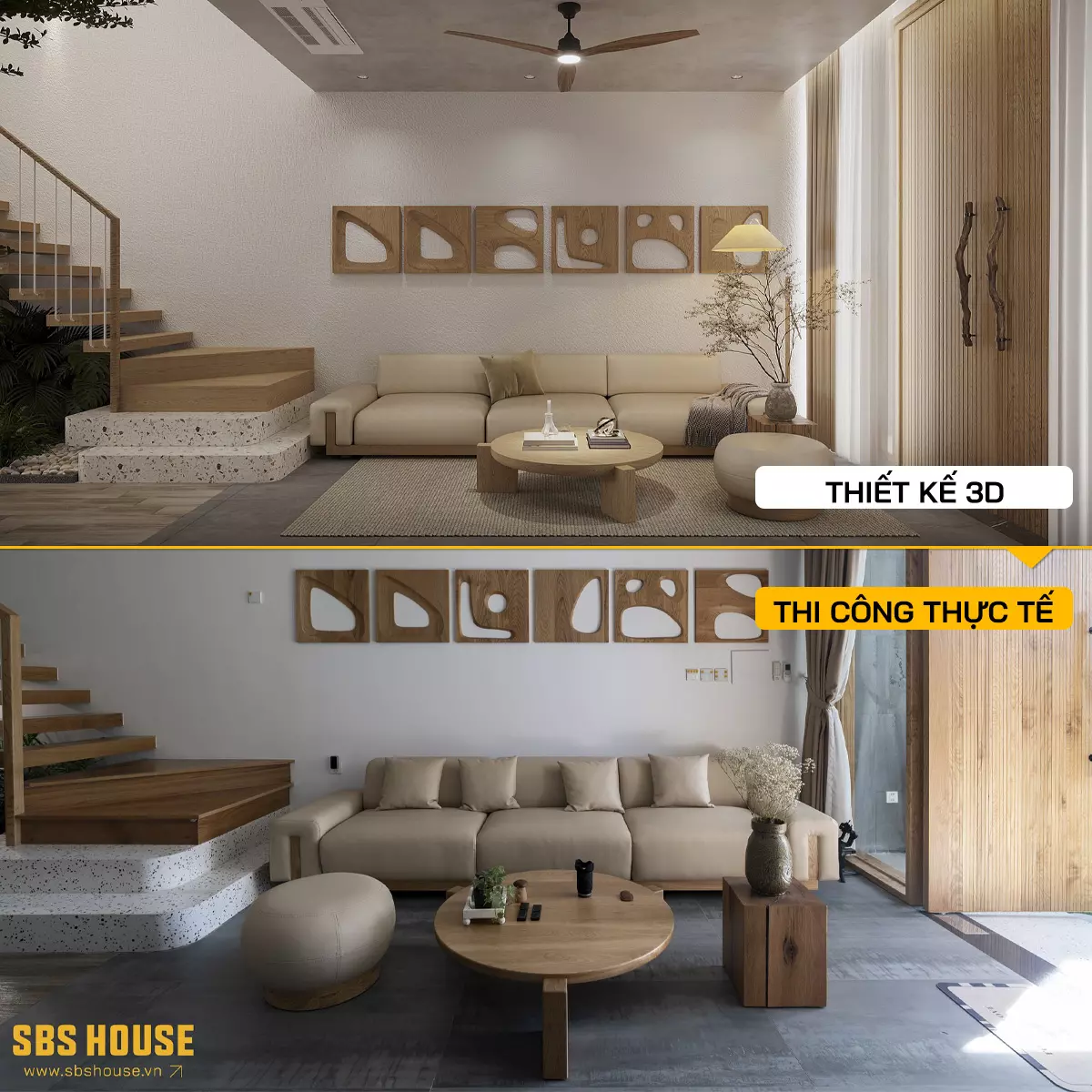 Ảnh so sánh 3D và thực tế phòng khách nhà 3 tầng Tr’s House