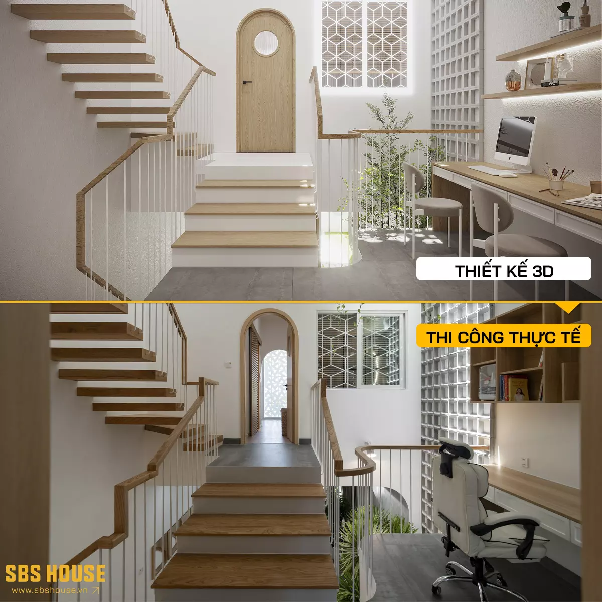 Ảnh so sánh 3D và thực tế nhà 3 tầng Tr’s House