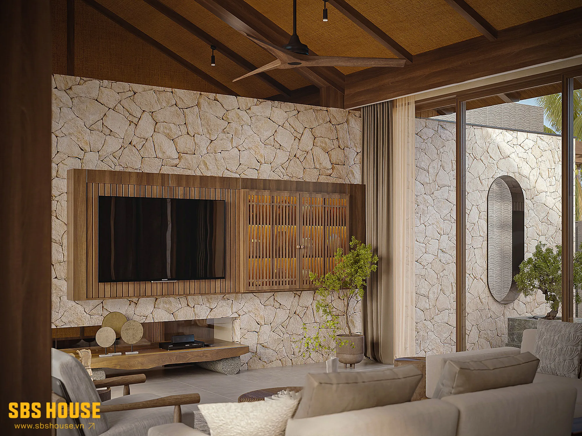 Mẫu tủ phòng khách phong cách nhiệt đới