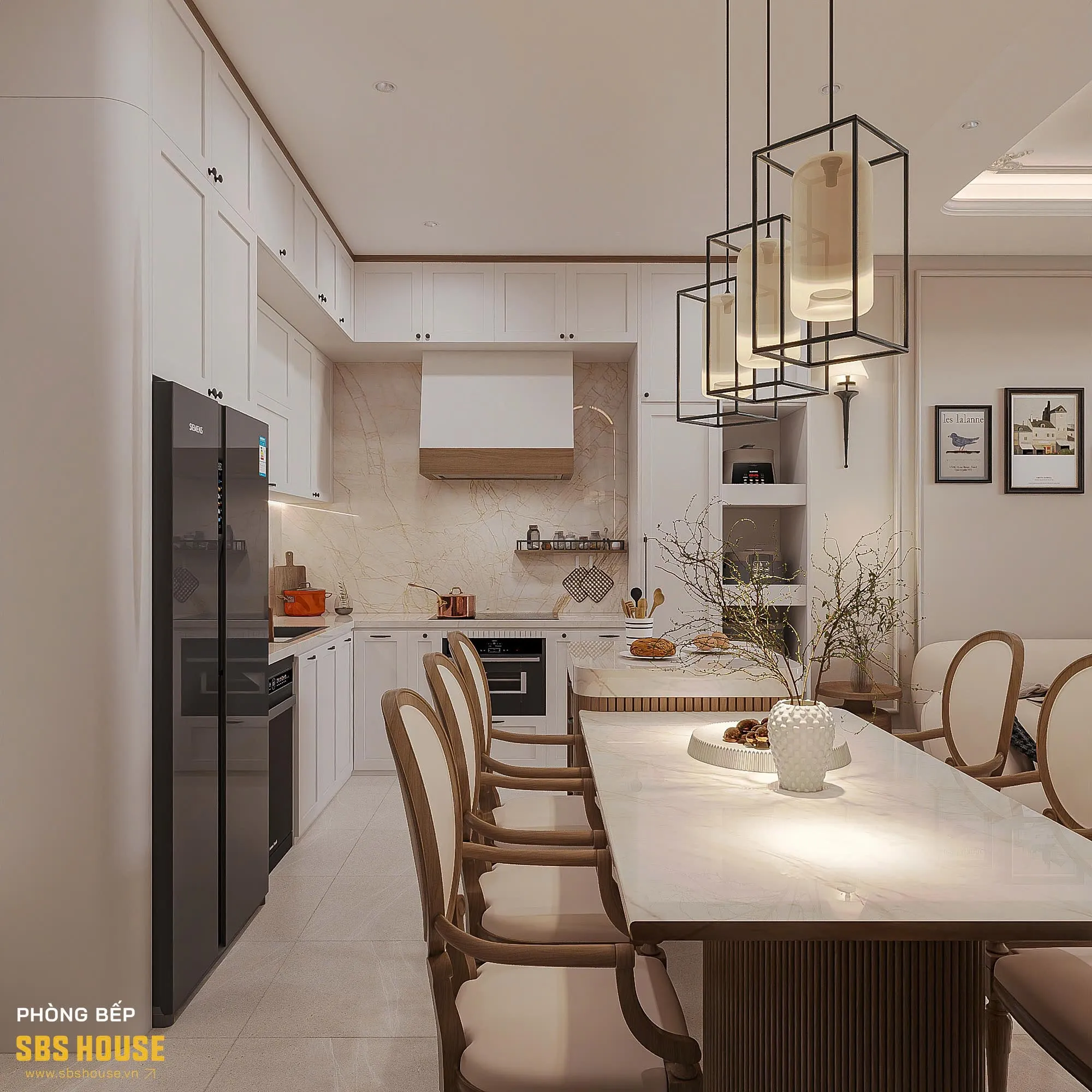 bàn ghế tủ bếp phong cách tân cổ điển