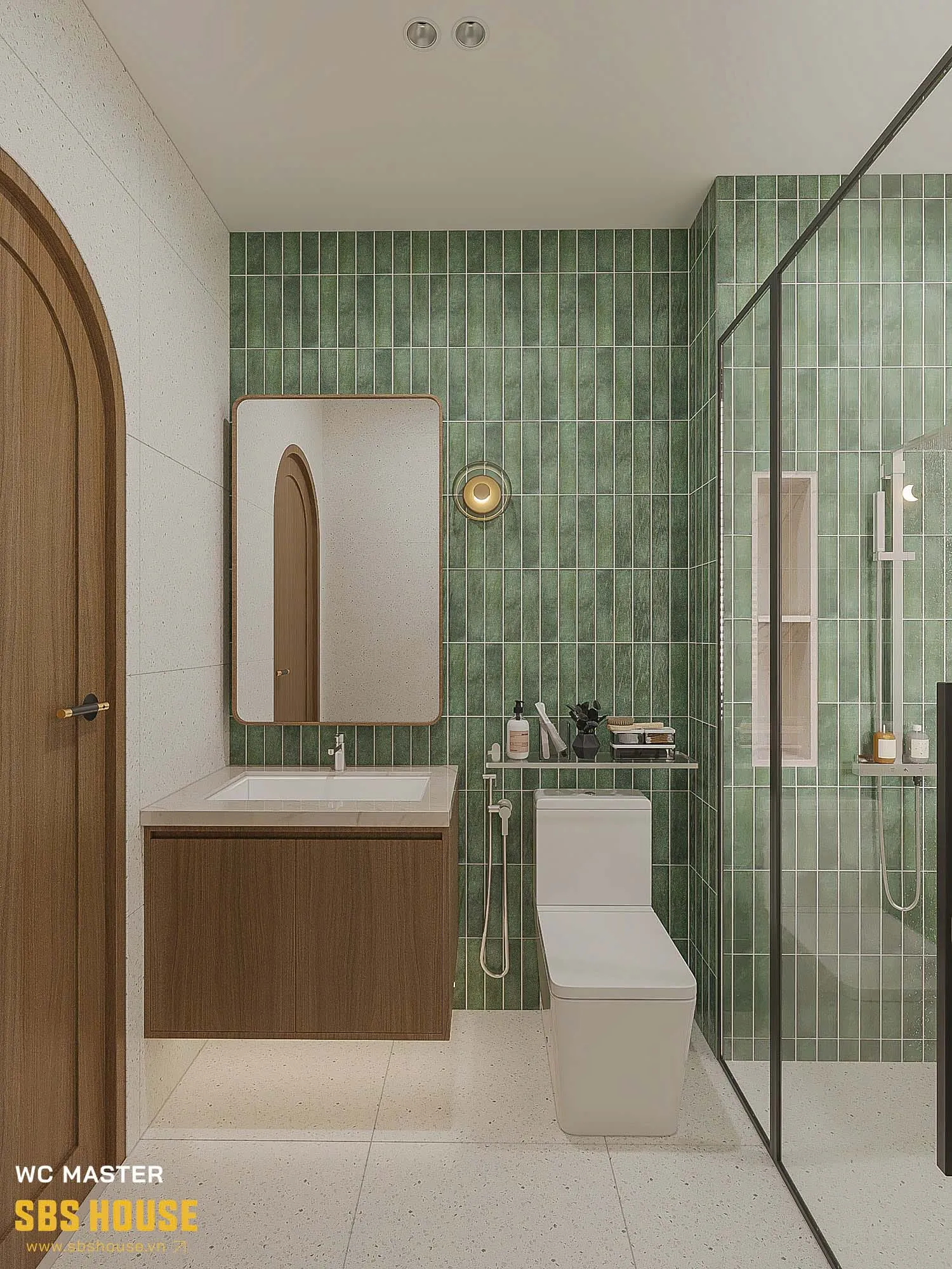 Mảng mosaic xanh tạo điểm nhấn phòng tắm 5m2 