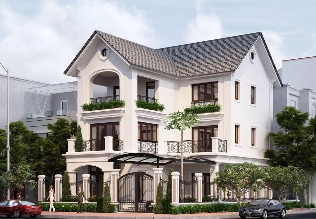 Nhà 3 tầng mái Thái với độ dốc mái cao tạo nên mặt tiền bề thế và sang trọng